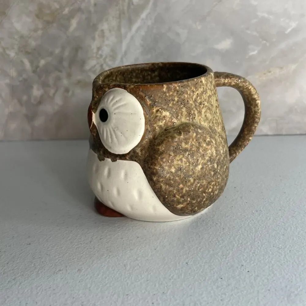 Studio Art Pottery Mug Owl Brown Speckled Hand Painted Matte Unmarked